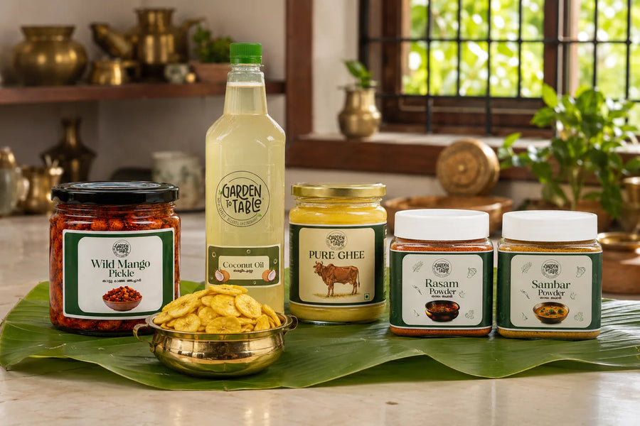 Kerala Onam Essentials Combo | Coconut Oil, Ghee, Sambar Powder, Rasam Powder, Kadu Manga Achar & Banana Chips