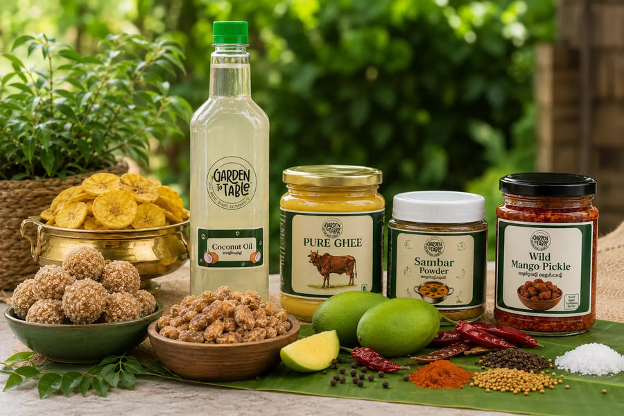 Kerala Traditional Food Combo | Banana Chips, Avalose Unda, Ghee, Coconut Oil & Pickle